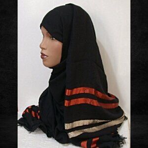Turkish Black Hijab with Grey and Amber Stripes Muslim Hijab Fall Shawl